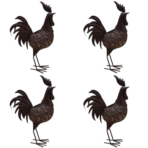 Oakland Living 24 in. Steel Garden Rooster Metal Bird Sculpture Statue w/Solar Light & Ground Stake, Bronze, 4PK 650262-ROOSTER-4-HB - main